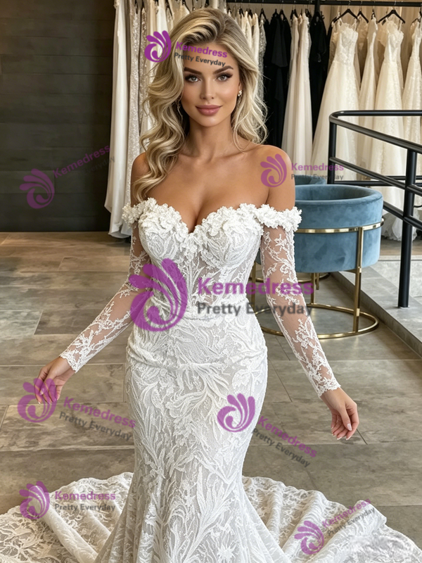 White Mermaid Lace Long Sleeve Wedding Dress