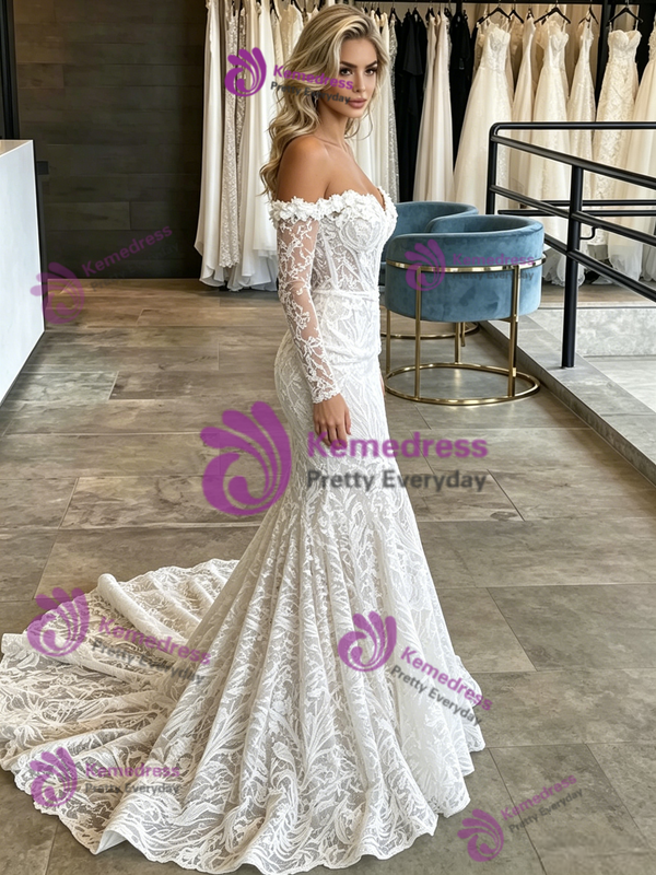 White Mermaid Lace Long Sleeve Wedding Dress