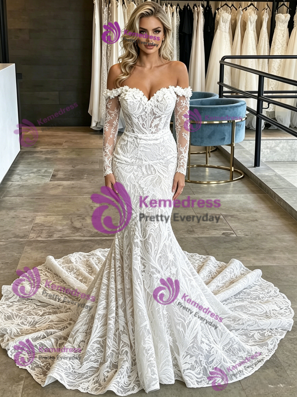 White Mermaid Lace Long Sleeve Wedding Dress