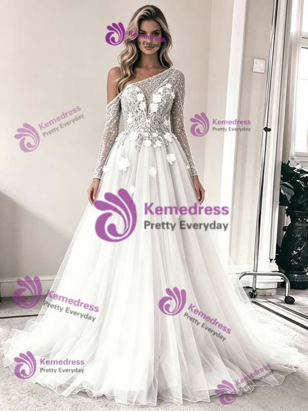 White Tulle One Shoulder Long Sleeve Wedding Dress
