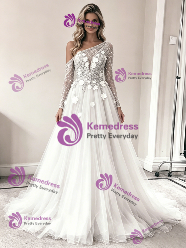 White Tulle One Shoulder Long Sleeve Wedding Dress
