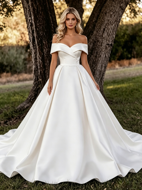 Simple White Satin Off The Shoulder Wedding Dress