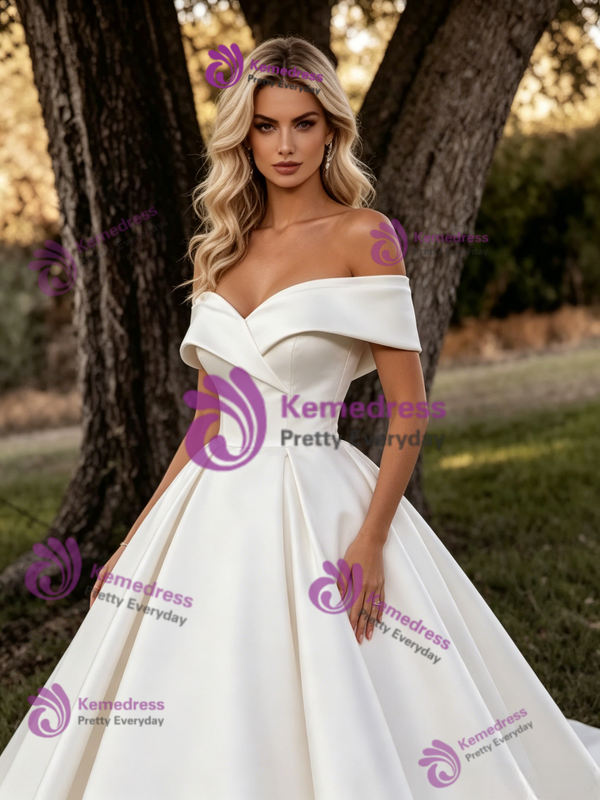Simple White Satin Off The Shoulder Wedding Dress