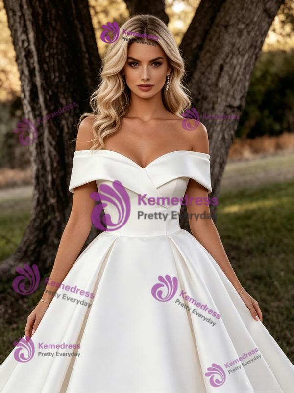 Simple White Satin Off The Shoulder Wedding Dress