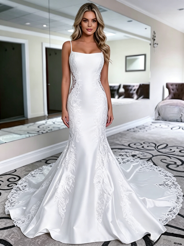 White Satin Lace Spaghetti Straps Wedding Dress