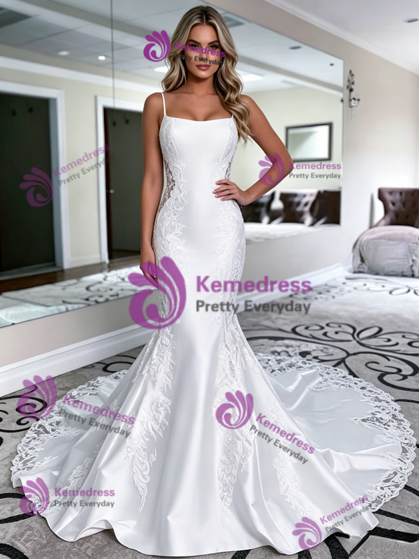 White Satin Lace Spaghetti Straps Wedding Dress
