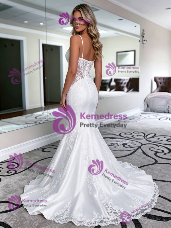 White Satin Lace Spaghetti Straps Wedding Dress