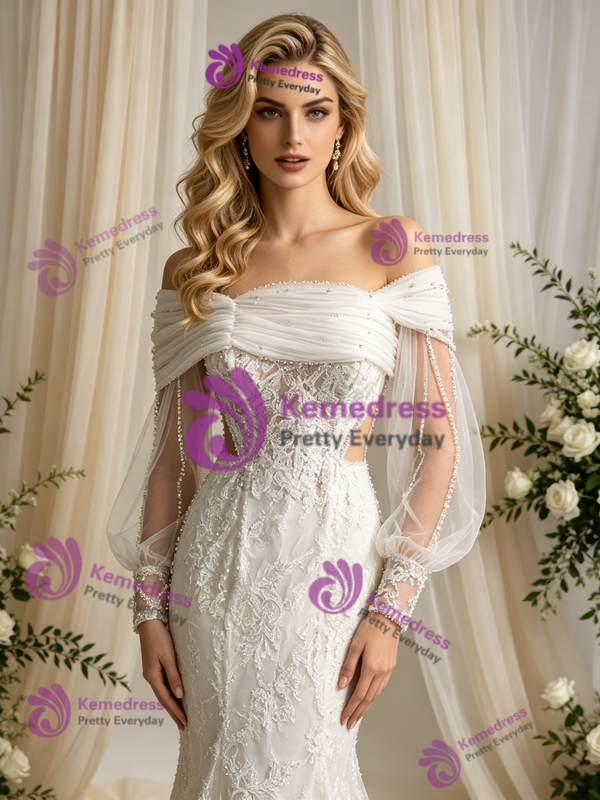 Beige White Mermaid Long Sleeve Wedding Dress