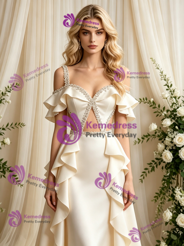 Sexy Ivory Satin Straps Beading Wedding Dress