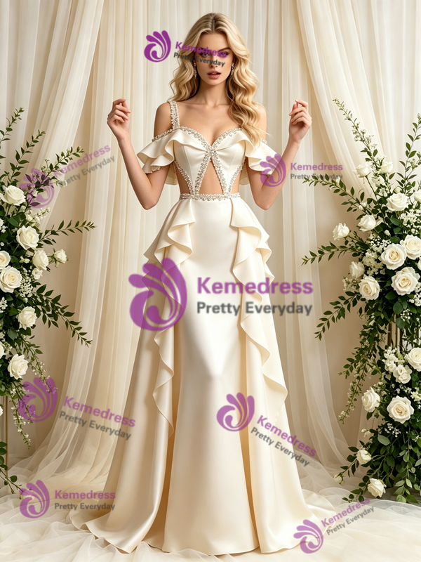 Sexy Ivory Satin Straps Beading Wedding Dress