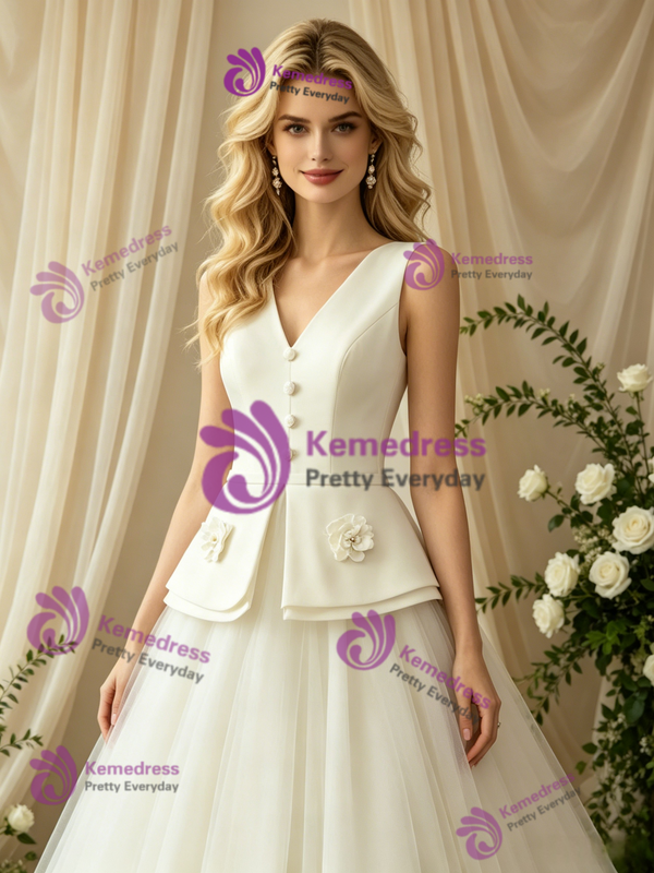 A-Line Ivory V-Neck Flower Wedding Dress