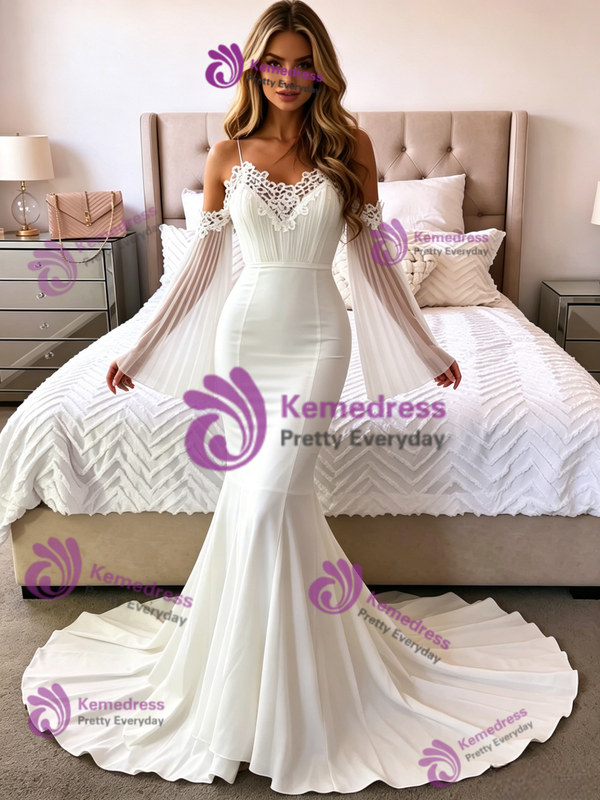White Mermaid Straps Long Sleeve Wedding Dress