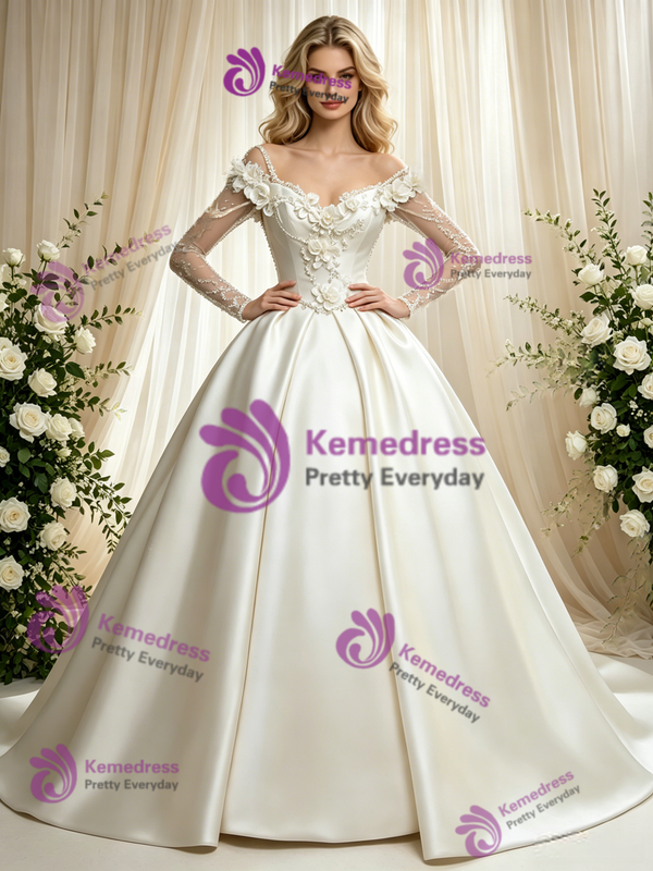 Fashion Ivory Satin Long Sleeve Flower Wedding Dress