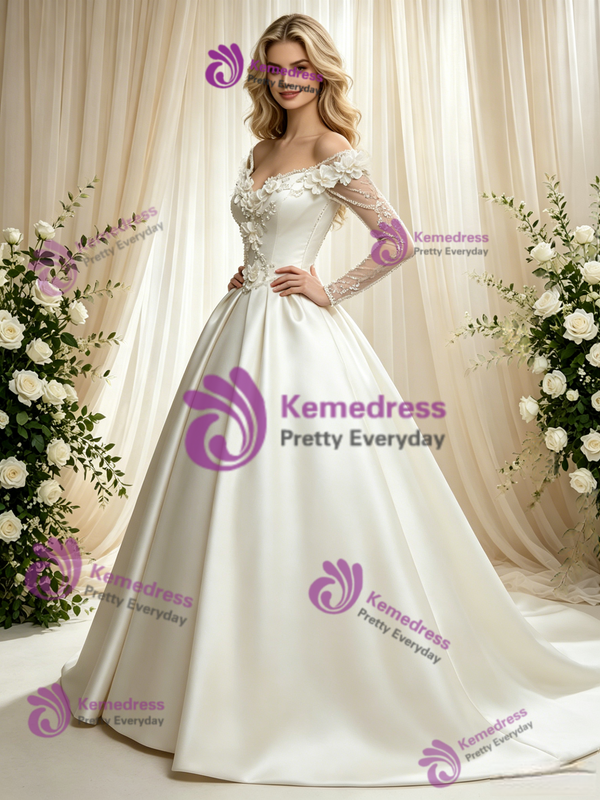 Fashion Ivory Satin Long Sleeve Flower Wedding Dress