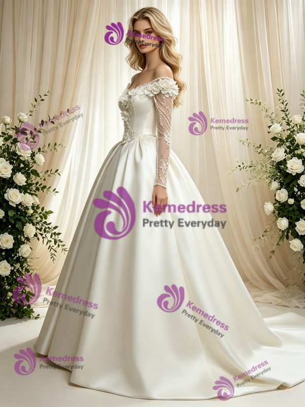 Fashion Ivory Satin Long Sleeve Flower Wedding Dress