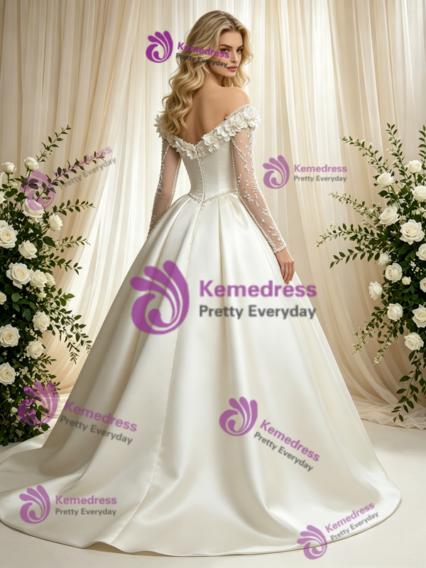 Fashion Ivory Satin Long Sleeve Flower Wedding Dress