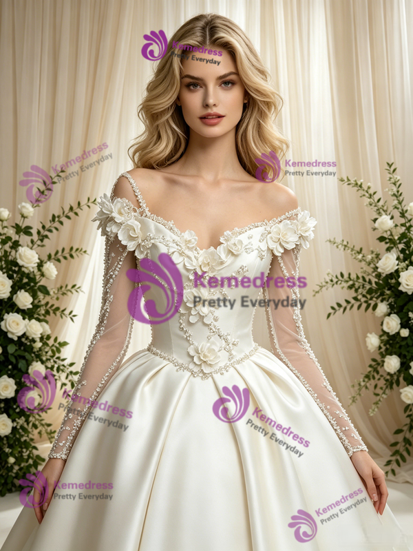 Fashion Ivory Satin Long Sleeve Flower Wedding Dress