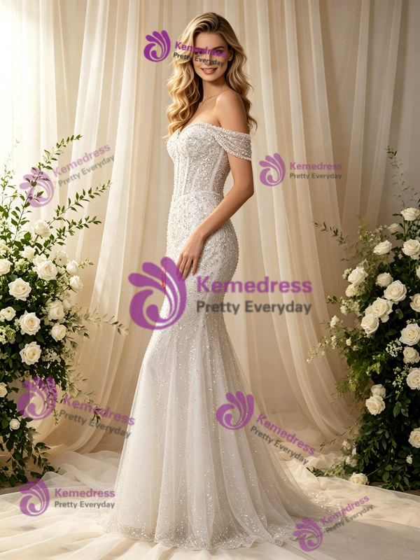 Sexy White Mermaid Sequins Beading Wedding Dress