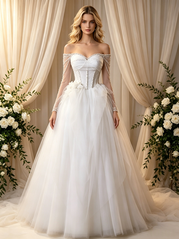 White Tulle Straps Beading Wedding Dress
