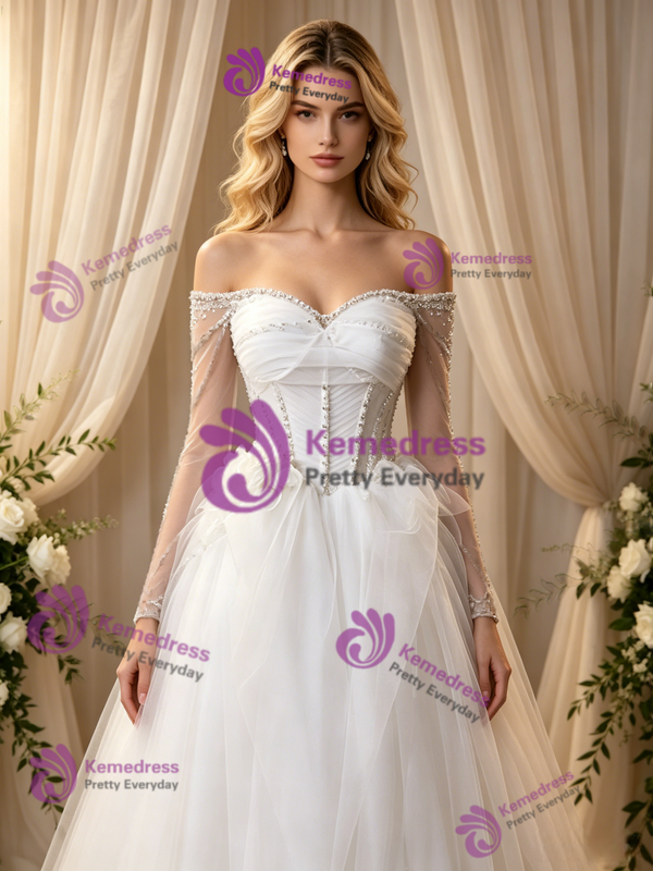 White Tulle Straps Beading Wedding Dress