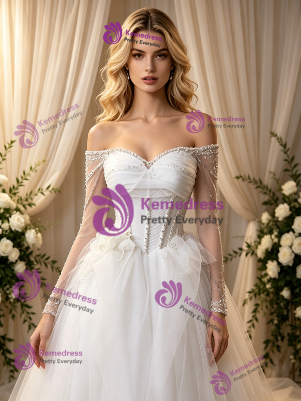 White Tulle Straps Beading Wedding Dress