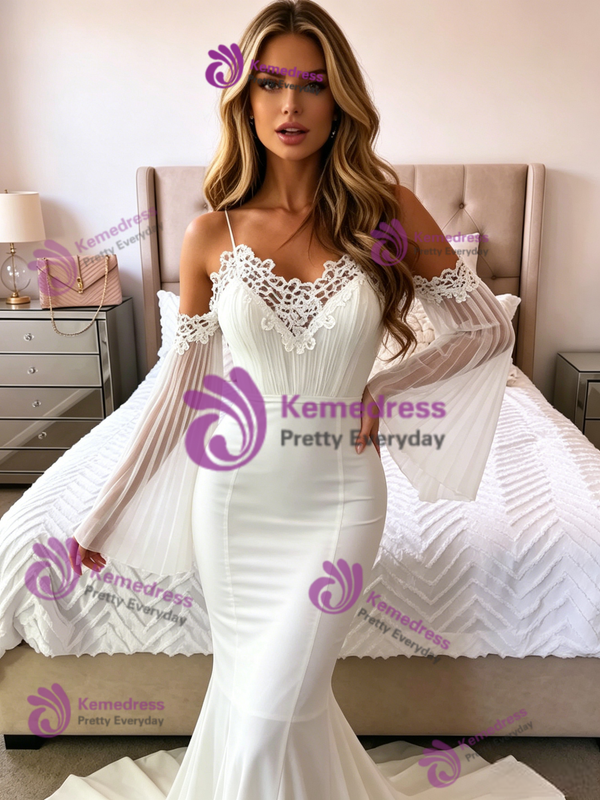 White Mermaid Straps Lace Long Sleeve Wedding Dress