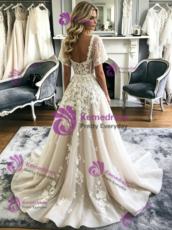 A-Line Tulle Appliques Straps Wedidng Dress