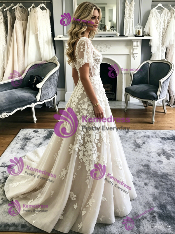 A-Line Tulle Appliques Straps Wedidng Dress