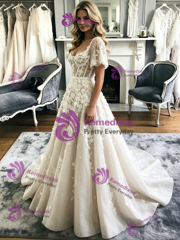 A-Line Tulle Appliques Straps Wedidng Dress