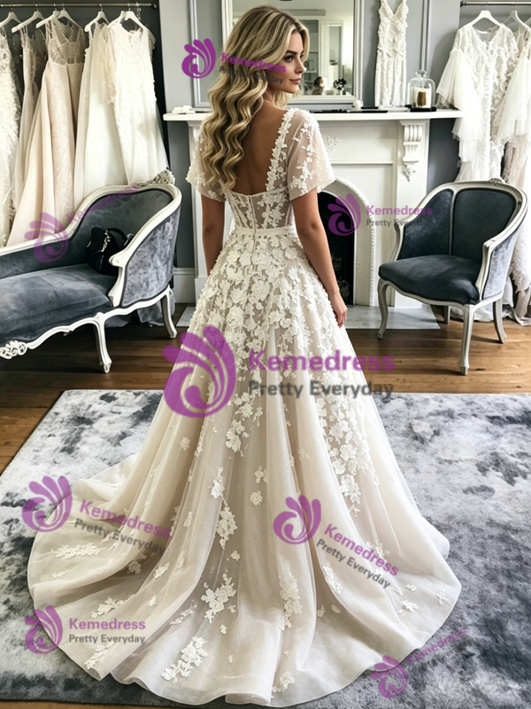 A-Line Tulle Appliques Straps Wedidng Dress