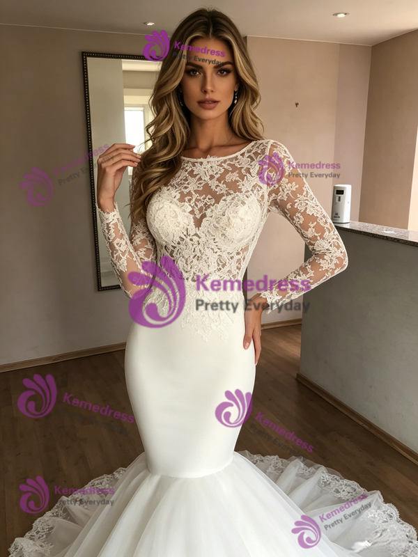 White Mermaid Tulle Lace Long Sleeve Wedding Dres
