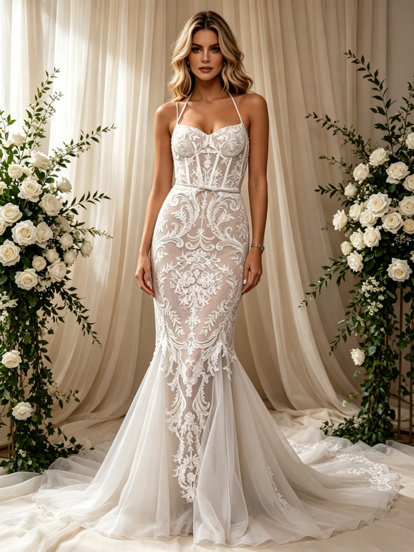 Sexy White Mermaid Lace Spaghetti Straps Wedding Dress