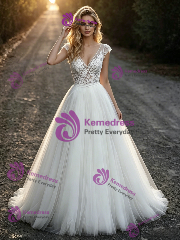 A-Line White Tulle Lace V-Neck Wedding Dress