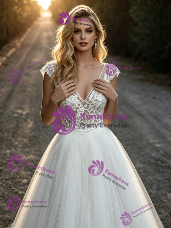 A-Line White Tulle Lace V-Neck Wedding Dress