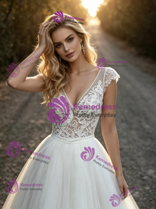 A-Line White Tulle Lace V-Neck Wedding Dress