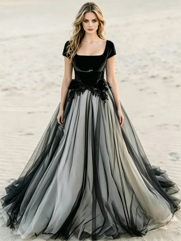 Black Tulle Square Neck Cap Sleeve Wedding Dress