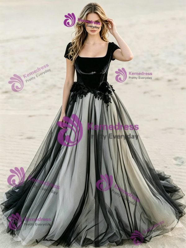 Black Tulle Square Neck Cap Sleeve Wedding Dress