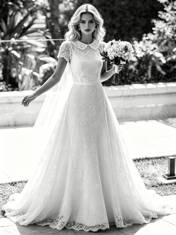 White Lace Cap Sleeve Wedding Dress
