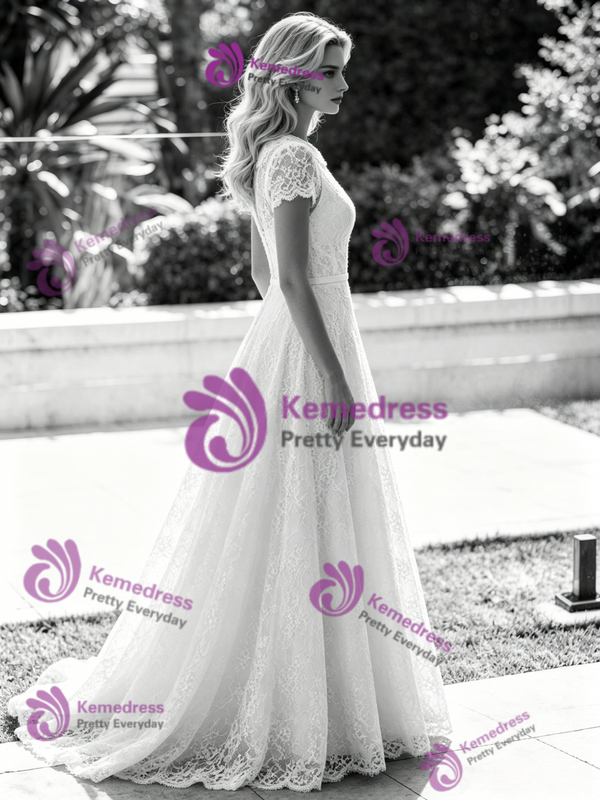 White Lace Cap Sleeve Wedding Dress