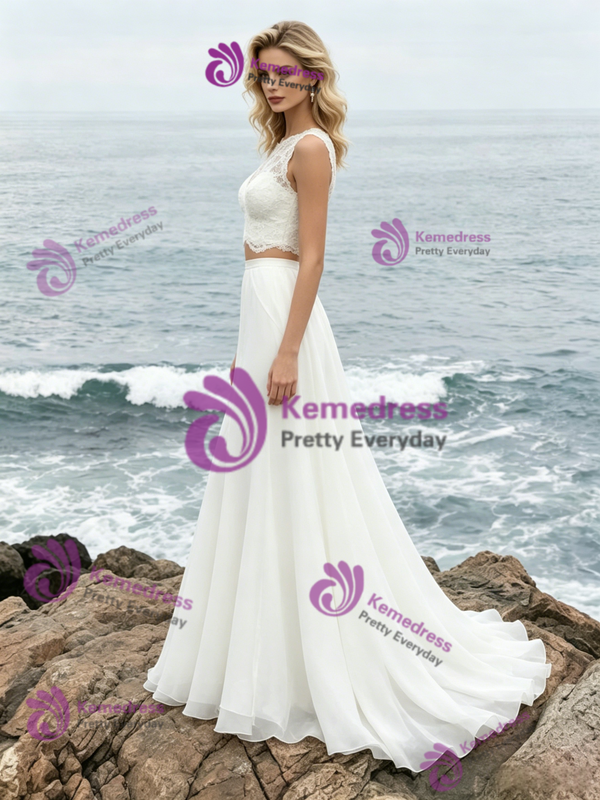 Simple White Two Piece Lace Wedding Dress