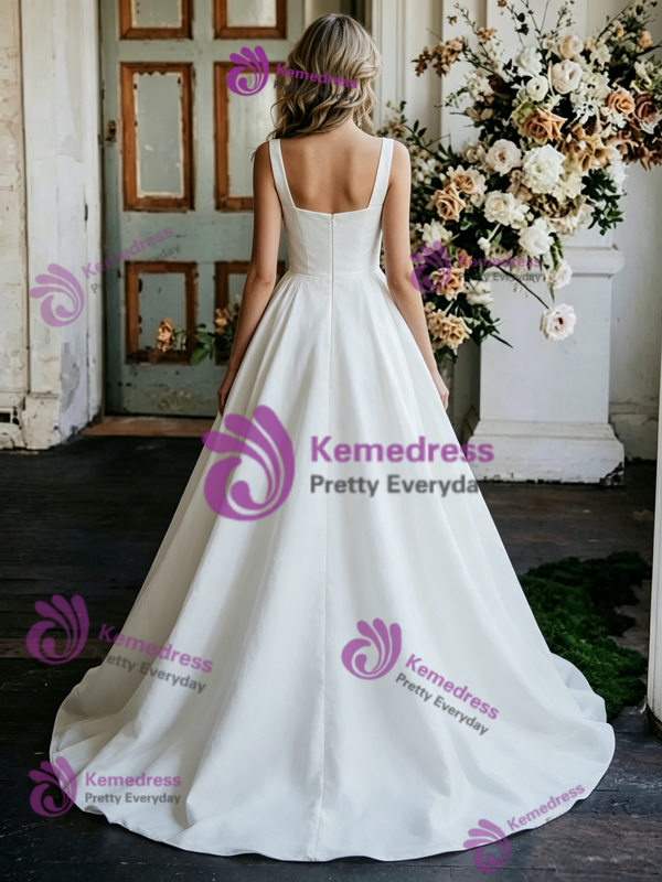 Simple White Satin Straps Sleeveless Wedding Dress