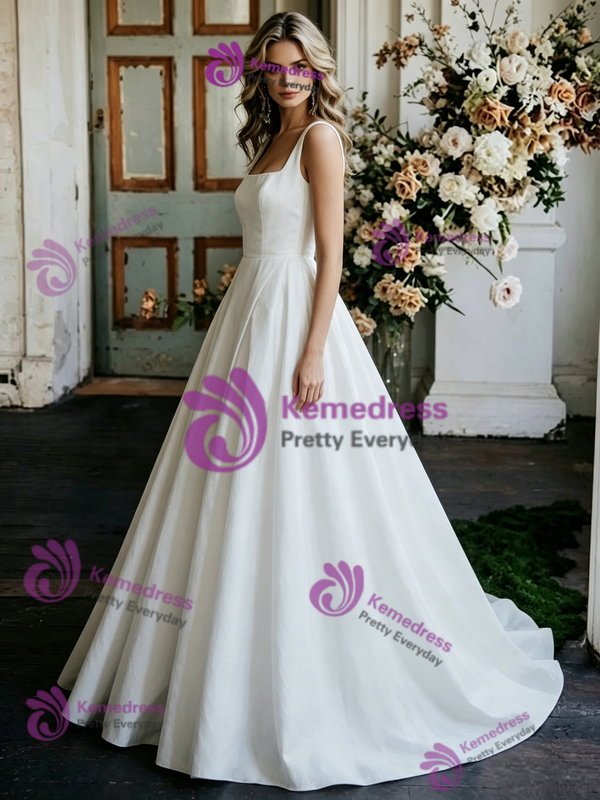 Simple White Satin Straps Sleeveless Wedding Dress