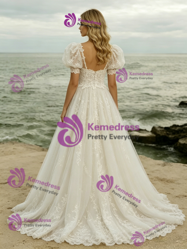 White Tulle Lace Puff Sleeve Wedding Dress