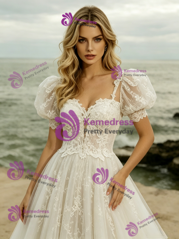 White Tulle Lace Puff Sleeve Wedding Dress