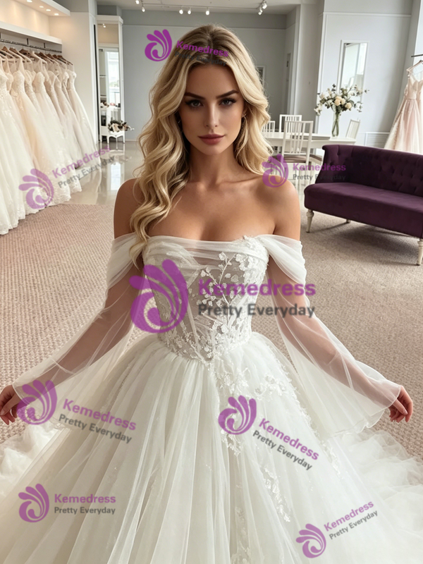 White Tulle Off the Shoulder Long Sleeve Appliques Wedding Dress