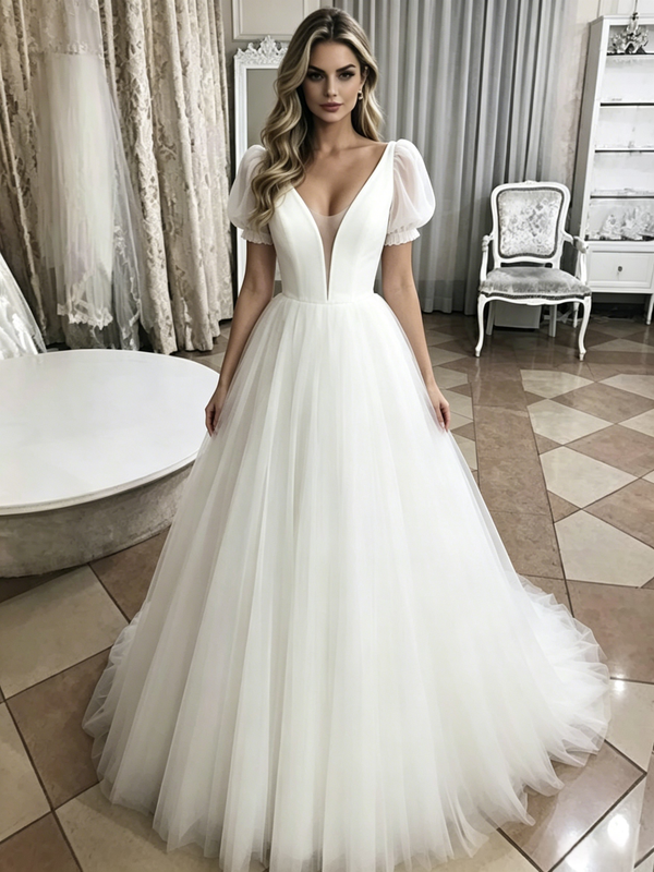 White Tulle V-Neck Puff Sleeve Wedding Dress