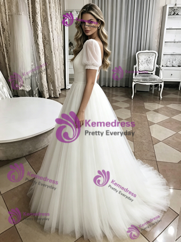 White Tulle V-Neck Puff Sleeve Wedding Dress