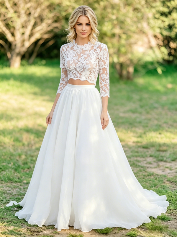White Lace Long Sleeve Wedding Dress