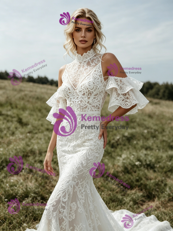 Sexy White Mermaid Lace High Neck Wedding Dress