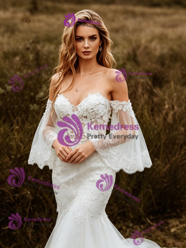 Sexy White Mermaid Tulle Appliques Wedding Dress